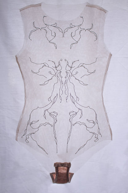 Sheer garments with intricate black patterns on a white background